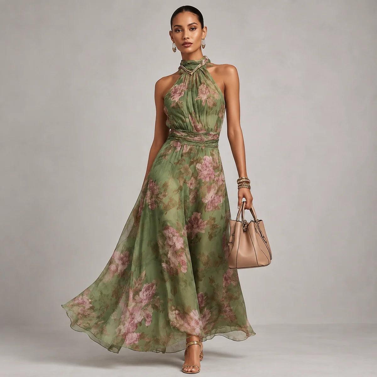 Floral Halter Chiffon Wedding-Guest Maxi Dress