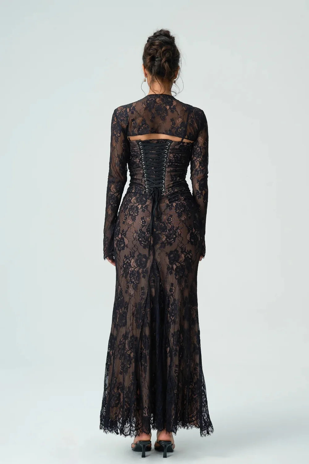 Lace Maxi Dress – Black Long Sleeve Square Neck