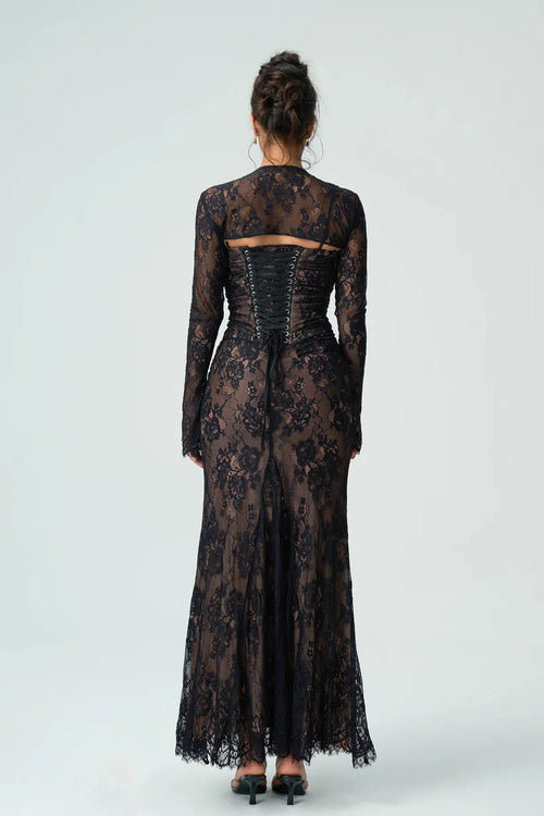 Lace Maxi Dress – Black Long Sleeve Square Neck