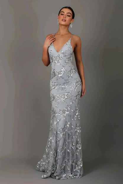 Sequin Dress – Navy Strappy Floor-Length