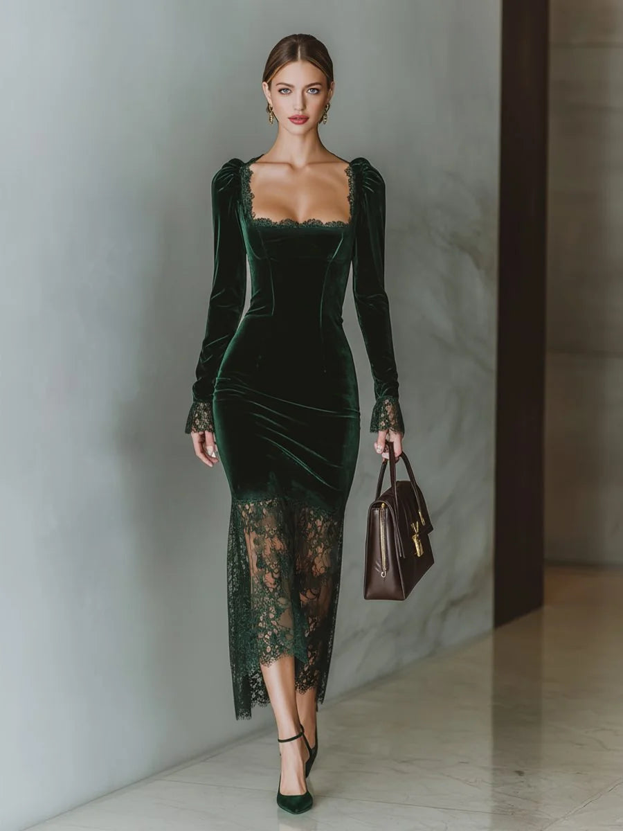 Velvet Long Sleeve Formal Maxi Dress with Lace Hem