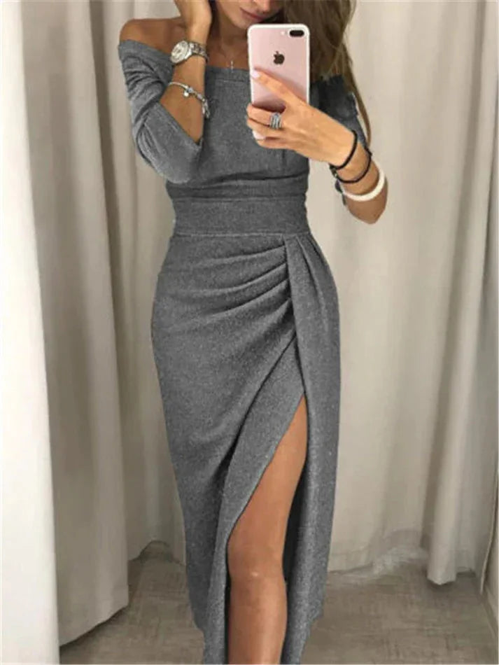 Glitter Long Sleeve Maxi Dress with Ruched High Slit