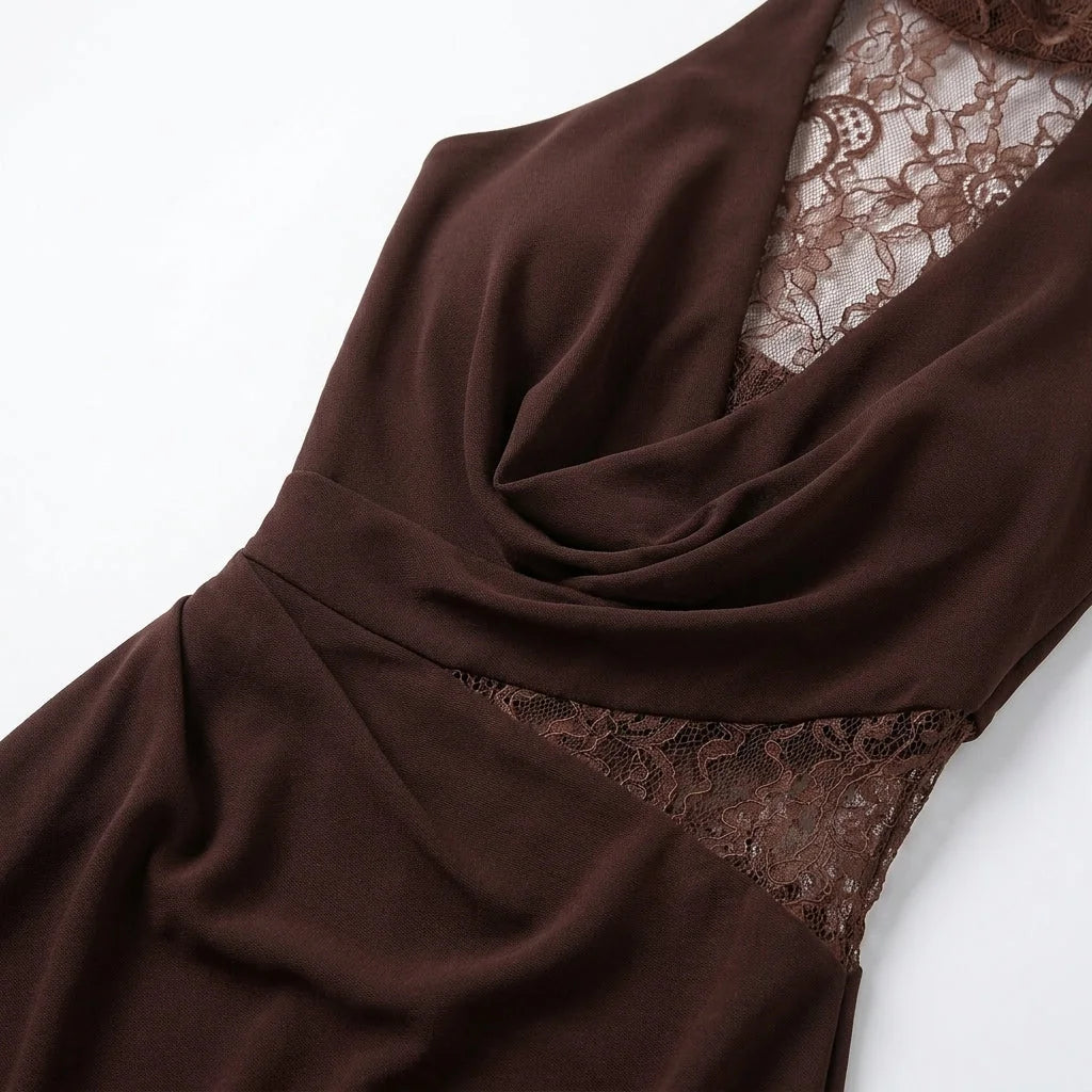 Lace Maxi Dress – Brown High Neck Halter