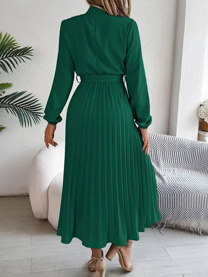 Long Sleeve Pleated Belted Dress