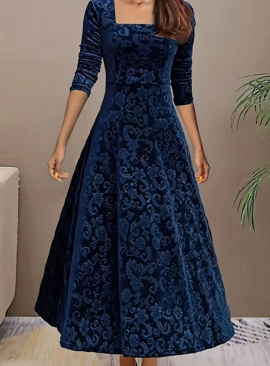 Velvet Square-Neck Floral Embossed A-Line Party Dress