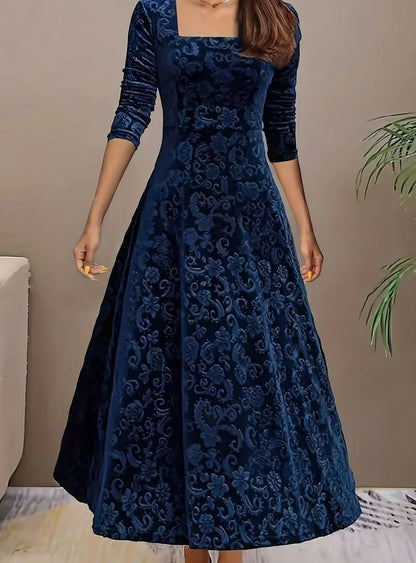 Velvet Square-Neck Floral Embossed A-Line Party Dress