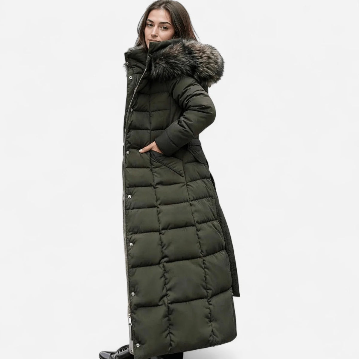 Long Puffer Coat with Faux Fur Hood