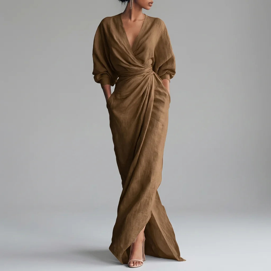 Ruched Wrap-Front Long Sleeve Maxi Dress