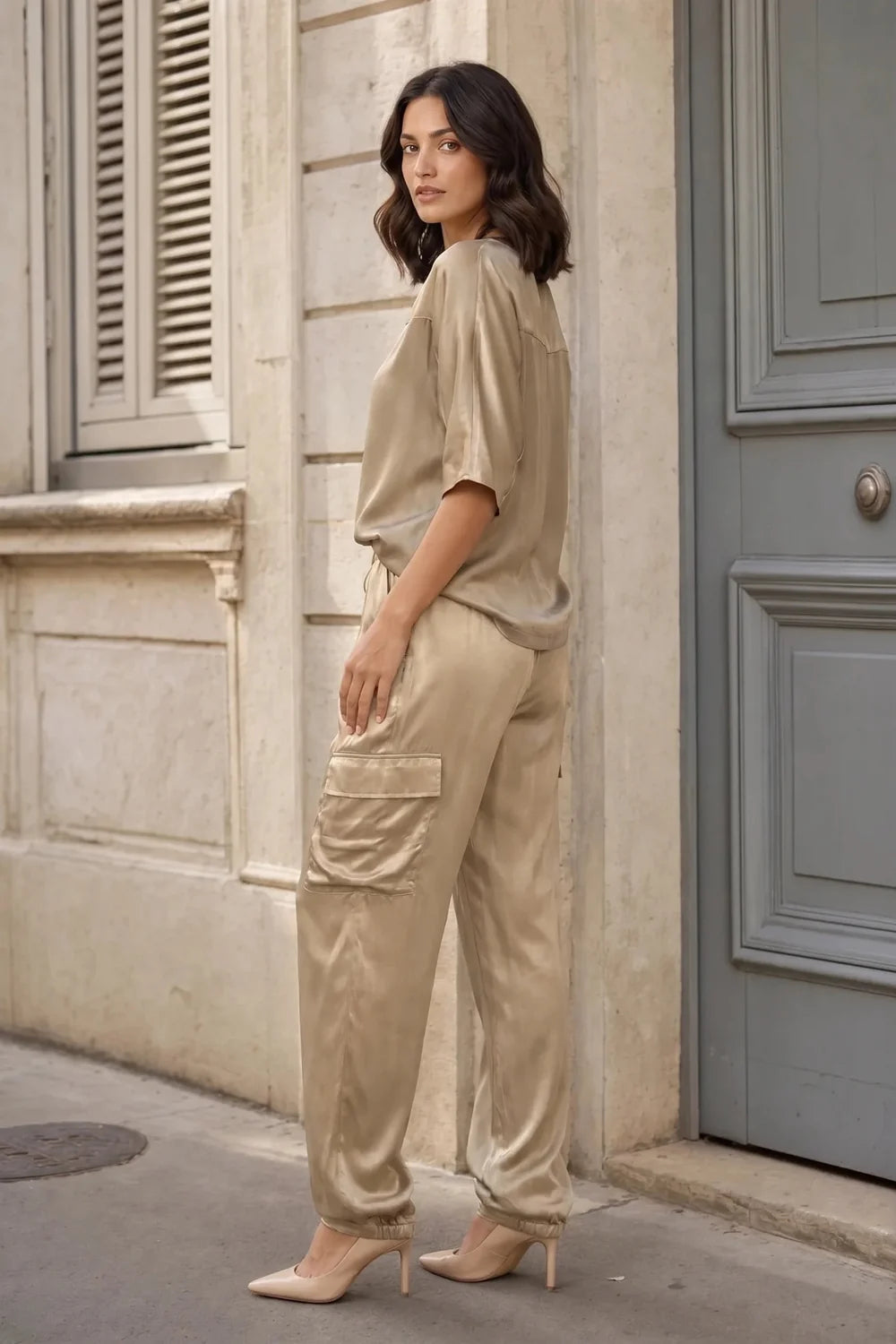 Satin Cargo Pants Set Two Piece