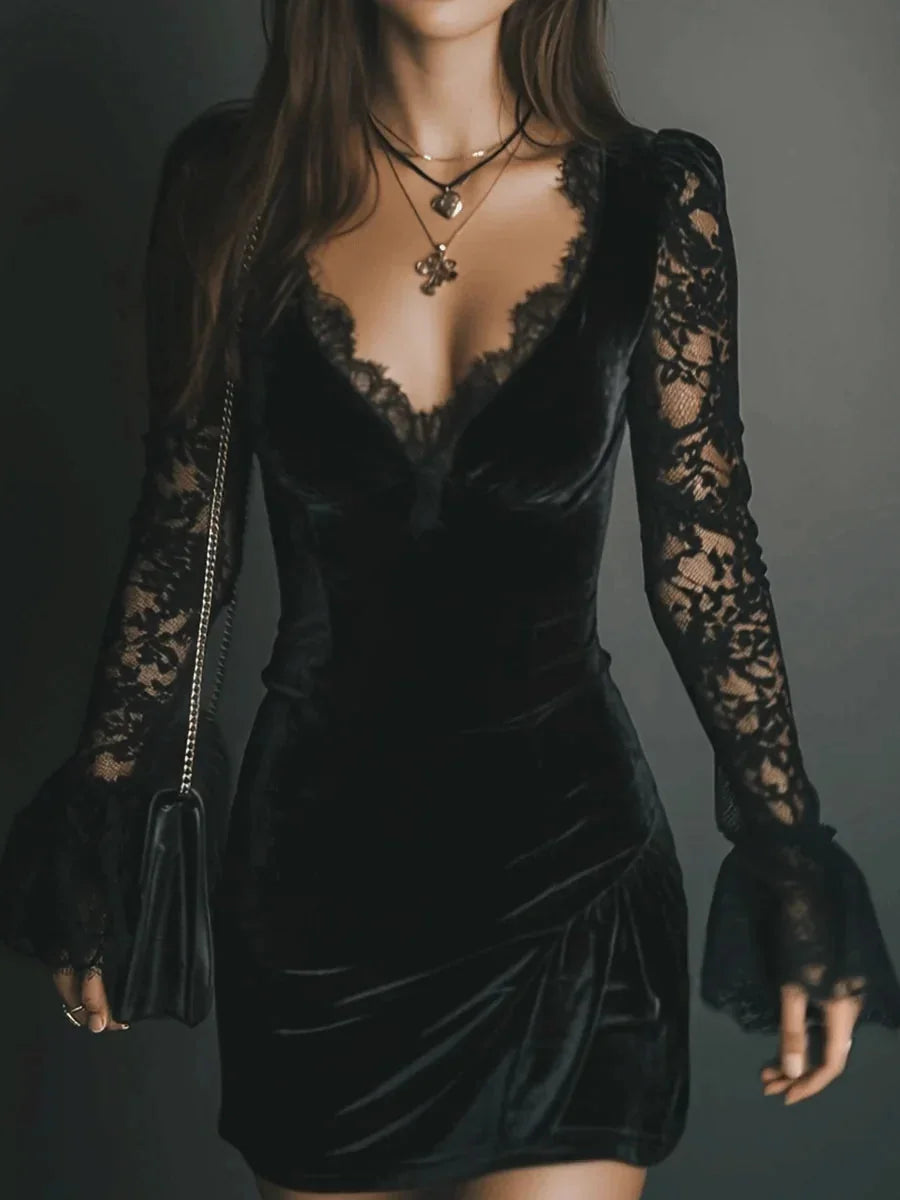 Velvet Lace Long Sleeve Cocktail Dress