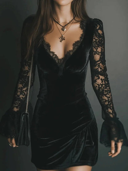 Velvet Lace Long Sleeve Cocktail Dress