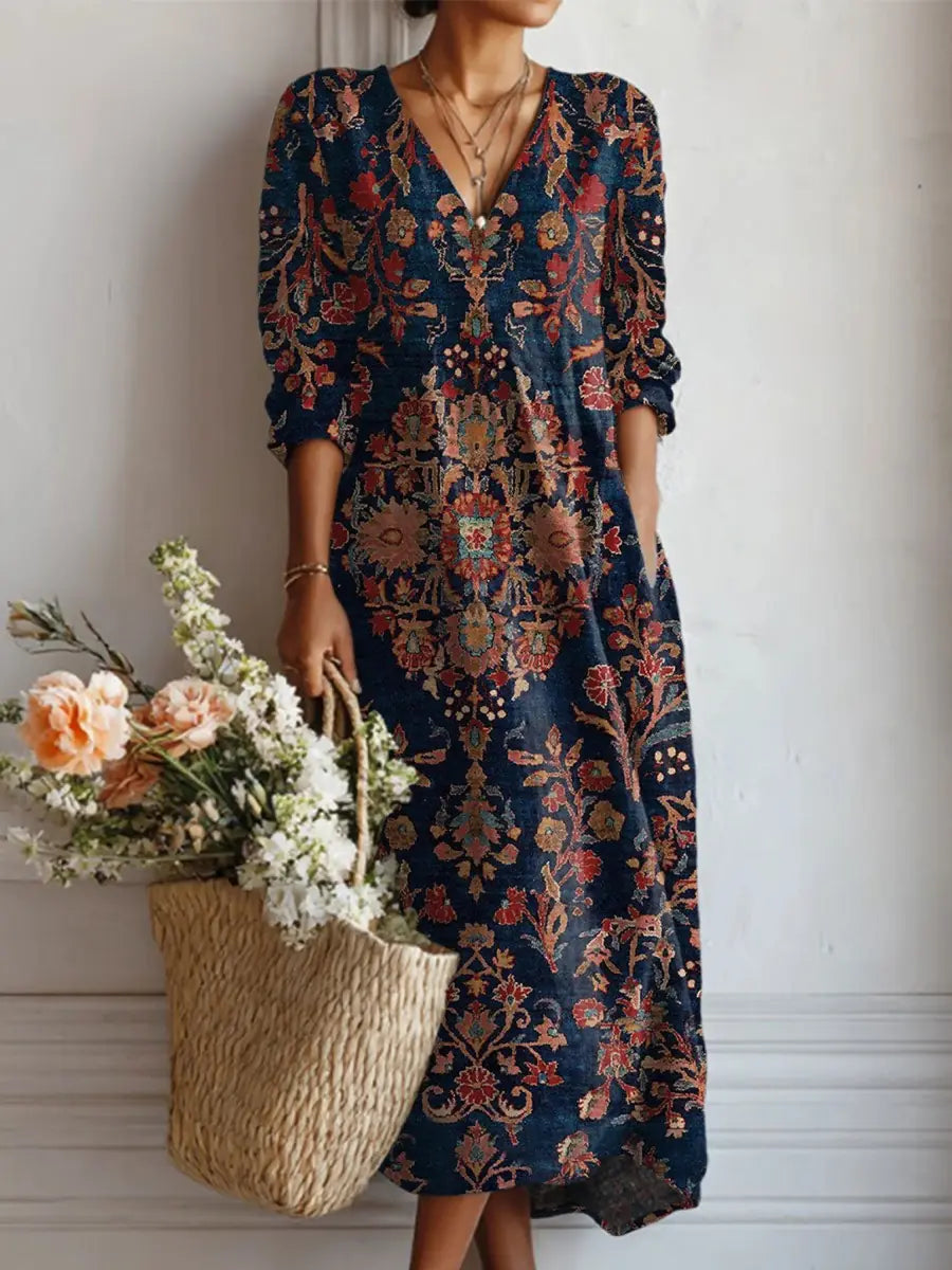 Floral Long Sleeve Midi Dress with V-Neck