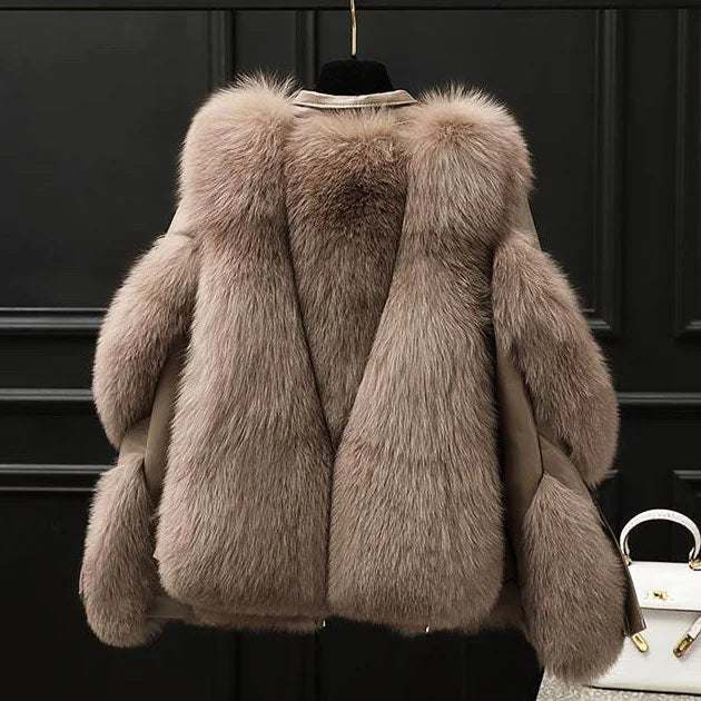 Women's Faux Leather Jacket with Fur Collar