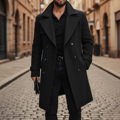 Men's Wool Coat – Blue Double-Breasted Longline