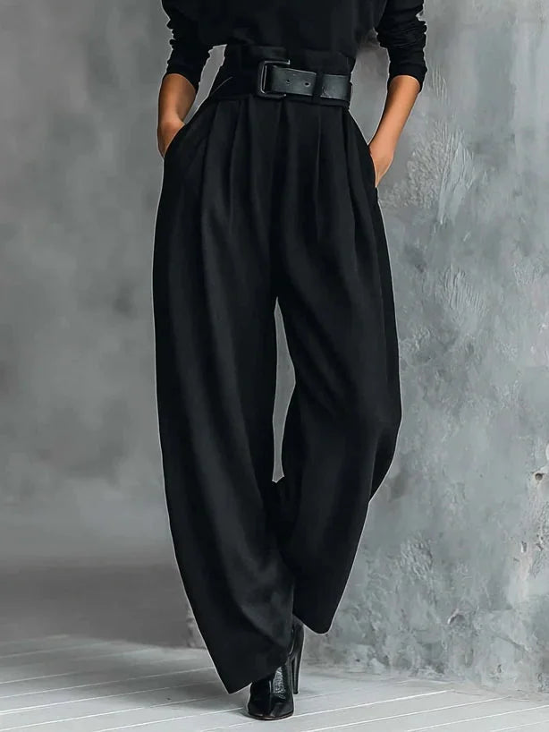 High-Neck Top and Wide-Leg Pant Set with Belt