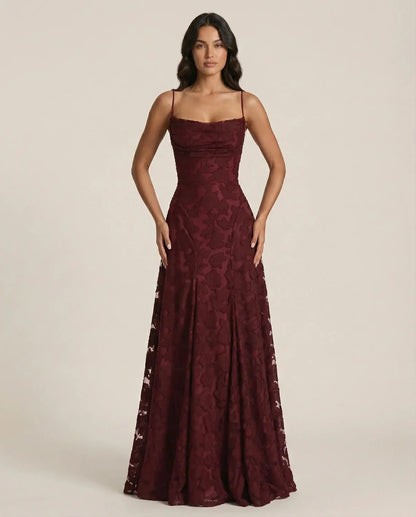Wedding Guest Dress – Red Lace A-Line Maxi