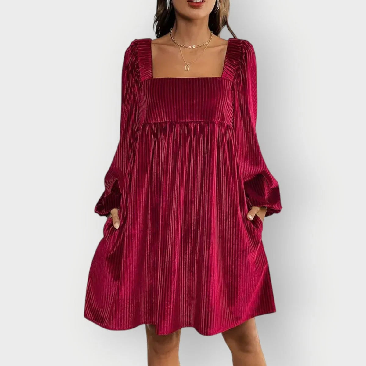 Velvet Dress – Wine Red Pleated Square Neck