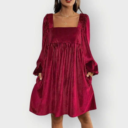 Velvet Dress – Wine Red Pleated Square Neck