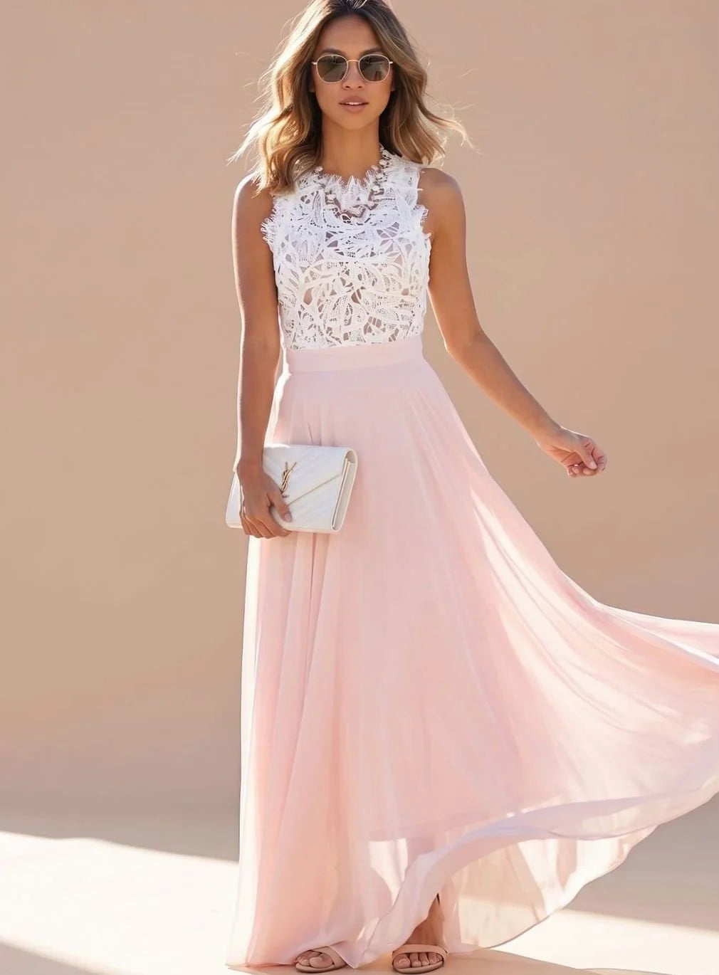 Lace Maxi Dress – Pink Lace Bodice Chiffon