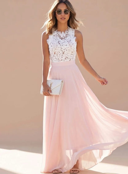 Lace Maxi Dress – Pink Lace Bodice Chiffon