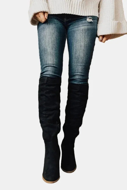 Ruched Block Heel Knee-High Boots