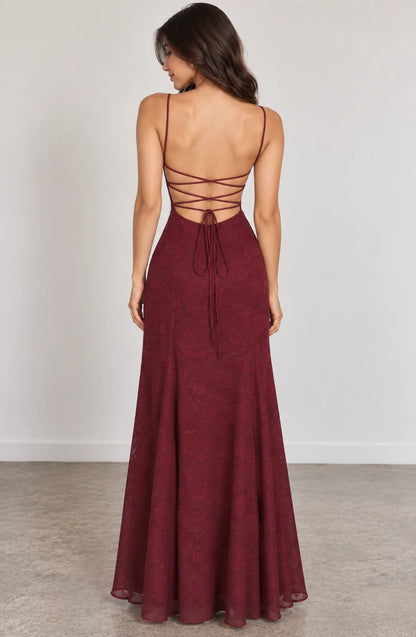Lace Maxi Dress – Red Lace-Up Back