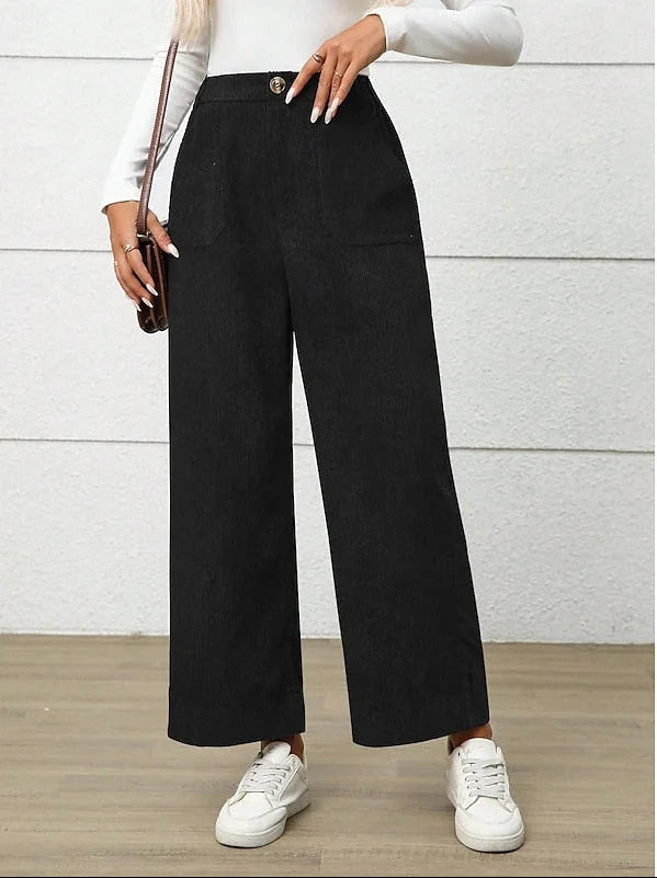 Retro High Waist Wide Leg Corduroy Trousers with Front Pockets