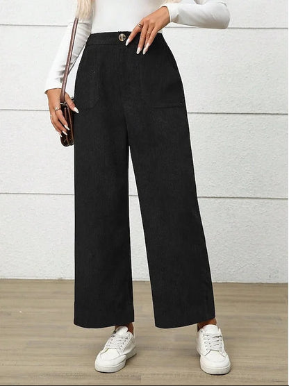 Retro High Waist Wide Leg Corduroy Trousers with Front Pockets