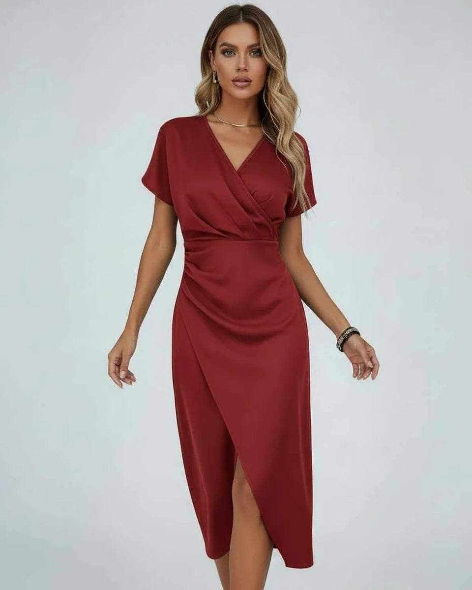Wrap Midi Dress with Draped Waist and Split Hem