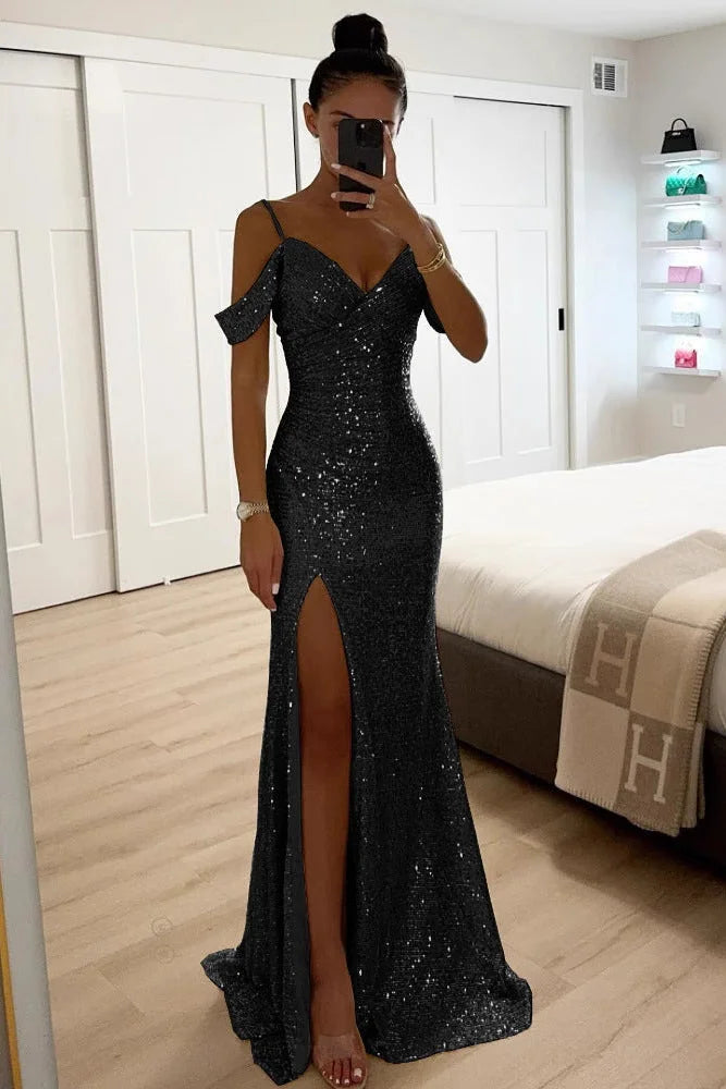 Holiday Party Dress – Gold Sequin Off-Shoulder Maxi