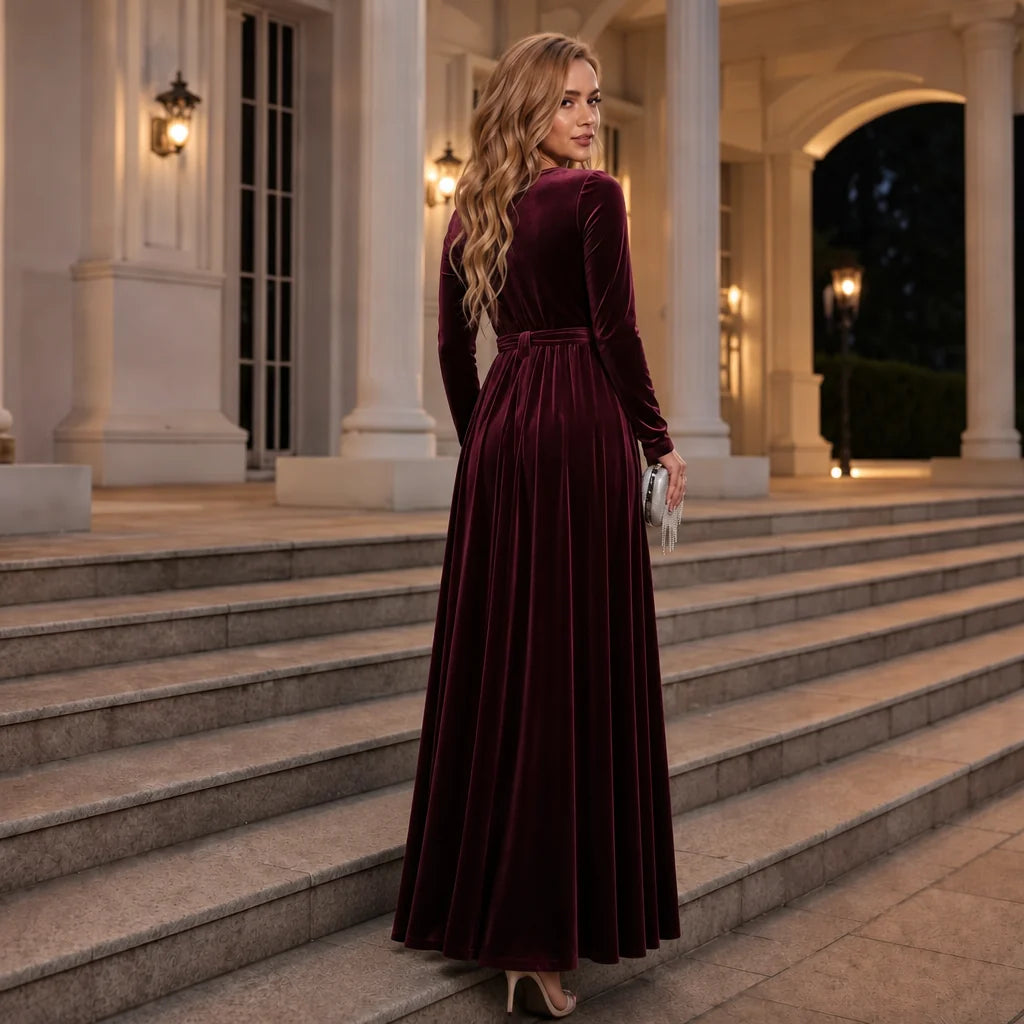Belted Velvet A-Line Maxi Dress with Long Sleeves