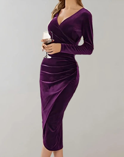 Velvet Wrap Dress Long Sleeve Ruffle