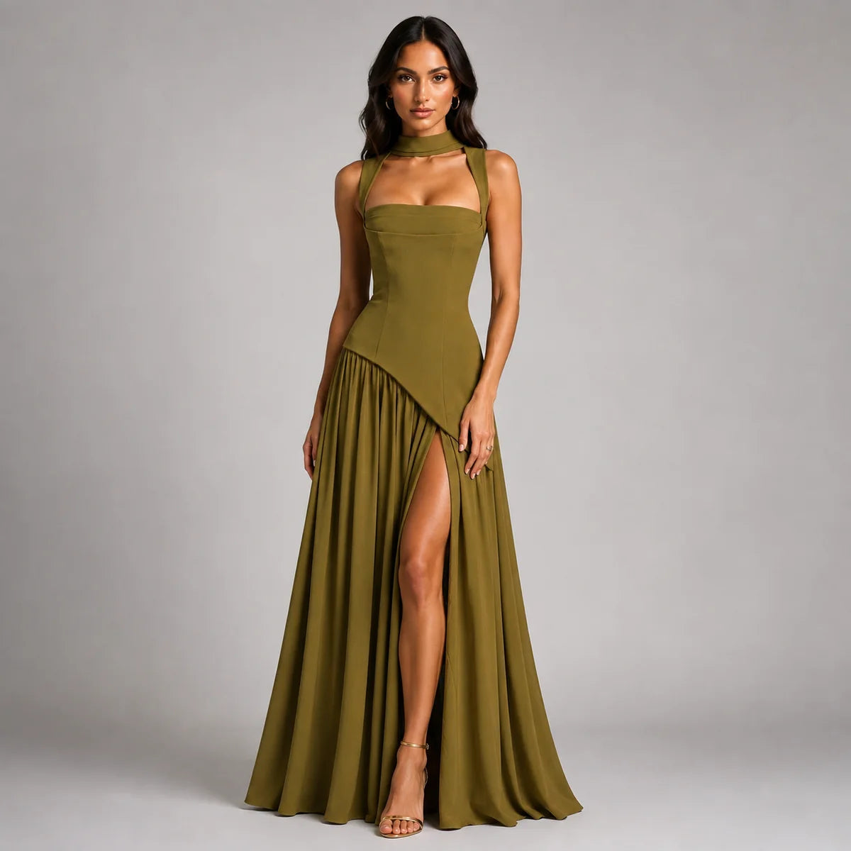 Draped Satin Wedding-Guest Maxi Dress
