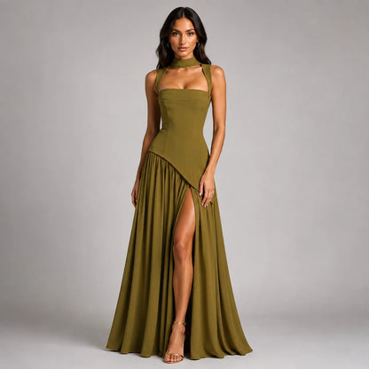 Draped Satin Wedding-Guest Maxi Dress