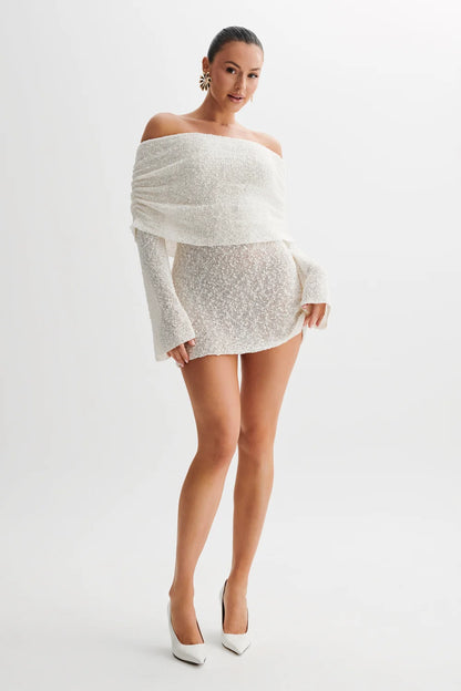 Sweater Dress – White Off-Shoulder Fitted Mini