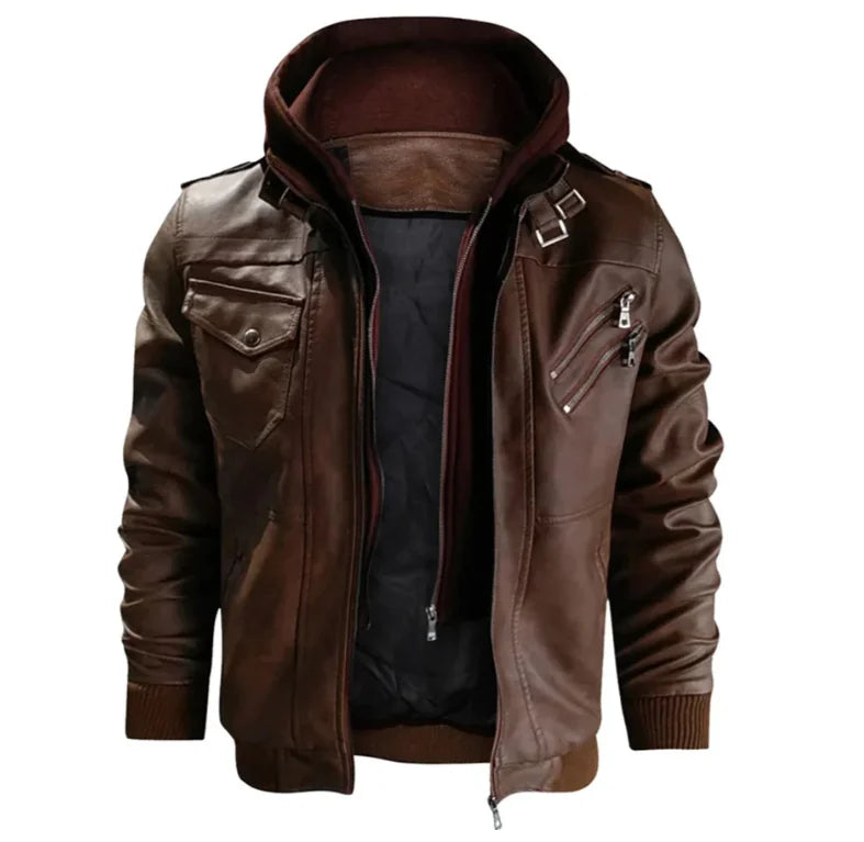 Men's Hooded Faux Leather Utility Jacket