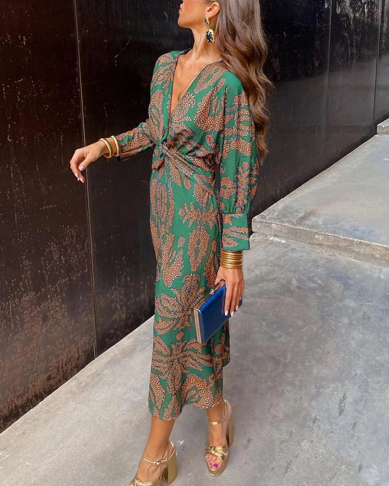Printed Twist Front Long Sleeve Midi Dress