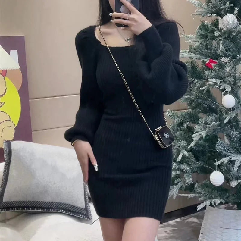 Sweater Dress – Red Puff Sleeve Square Neck