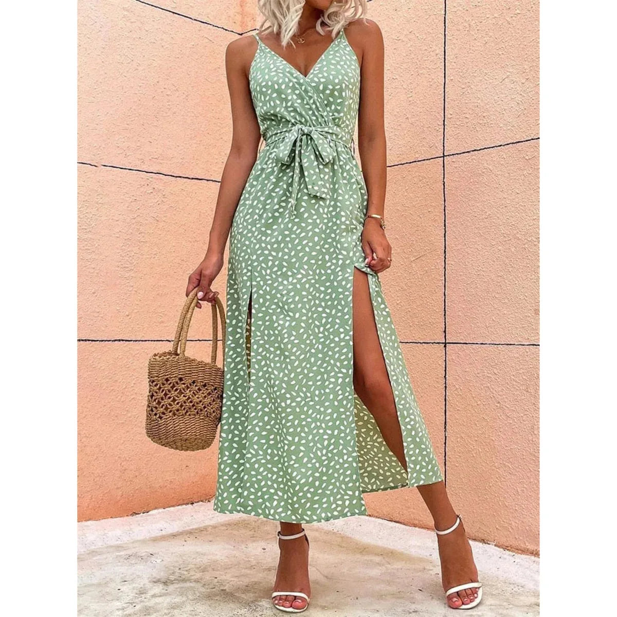 Polka Dot Wrap Midi Dress with Side Split