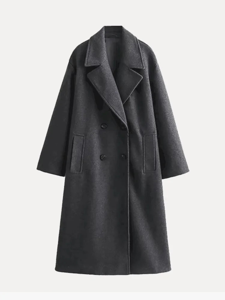 Wool Coat – Beige Double-Breasted Long Wool-Blend