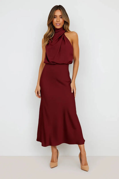 Wedding Guest Dress – Dark Red Halter Satin Maxi