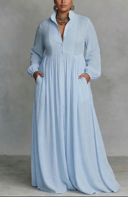 Long Sleeve Button-Front Maxi Dress