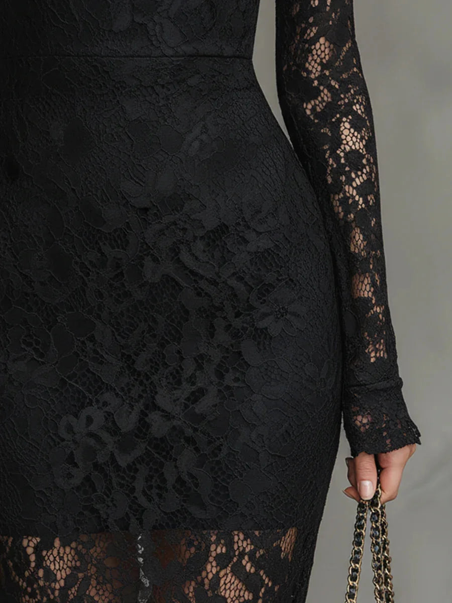 Lace High-Neck Long Sleeve Maxi Dress