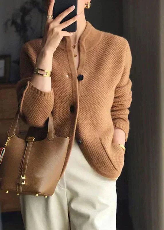 Stand Collar Cardigan Ribbed Knit Button Front