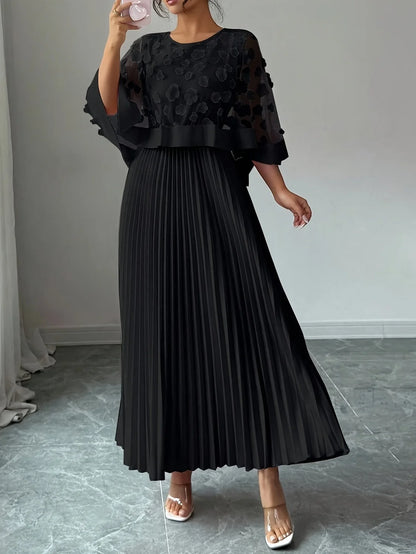 Maxi Dress 3D Floral Appliqué Pleated Wedding Guest