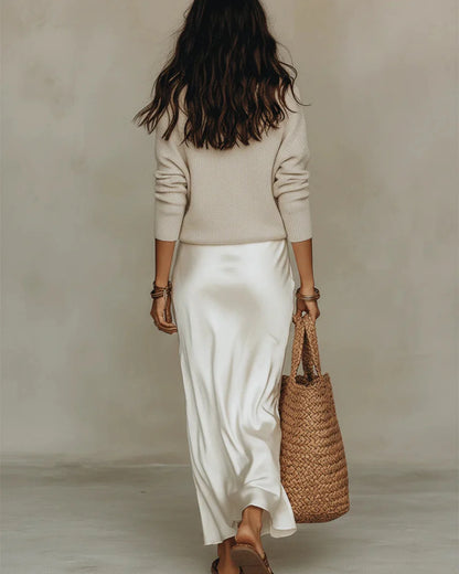V-Neck Sweater and Satin Skirt Set