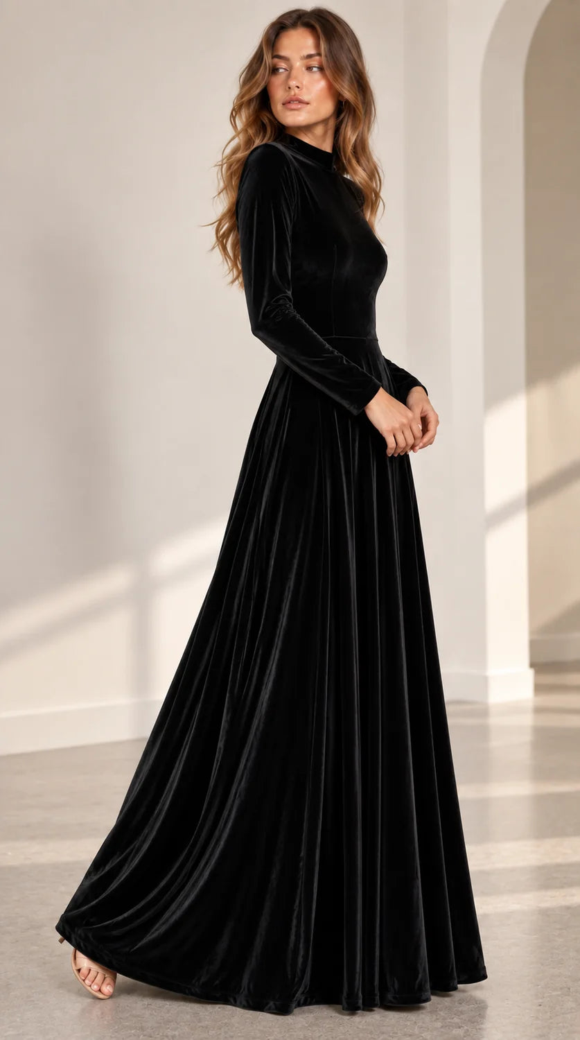 Velvet Maxi Dress – Burgundy A-Line Long Sleeve
