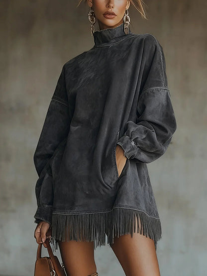 Sweater Dress – Green Fringe Hem Mock Neck