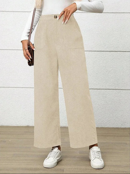 Retro High Waist Wide Leg Corduroy Trousers with Front Pockets