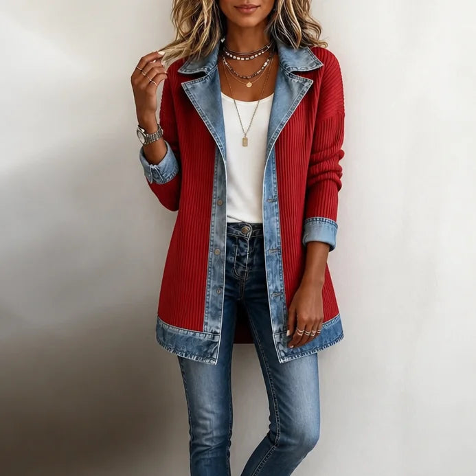Knit Coat with Denim Panels Ribbed Cardigan